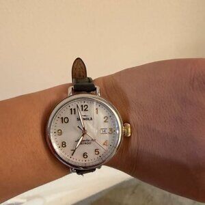 Shinola Birdie 38mm Mother of Pearl Black leather strap